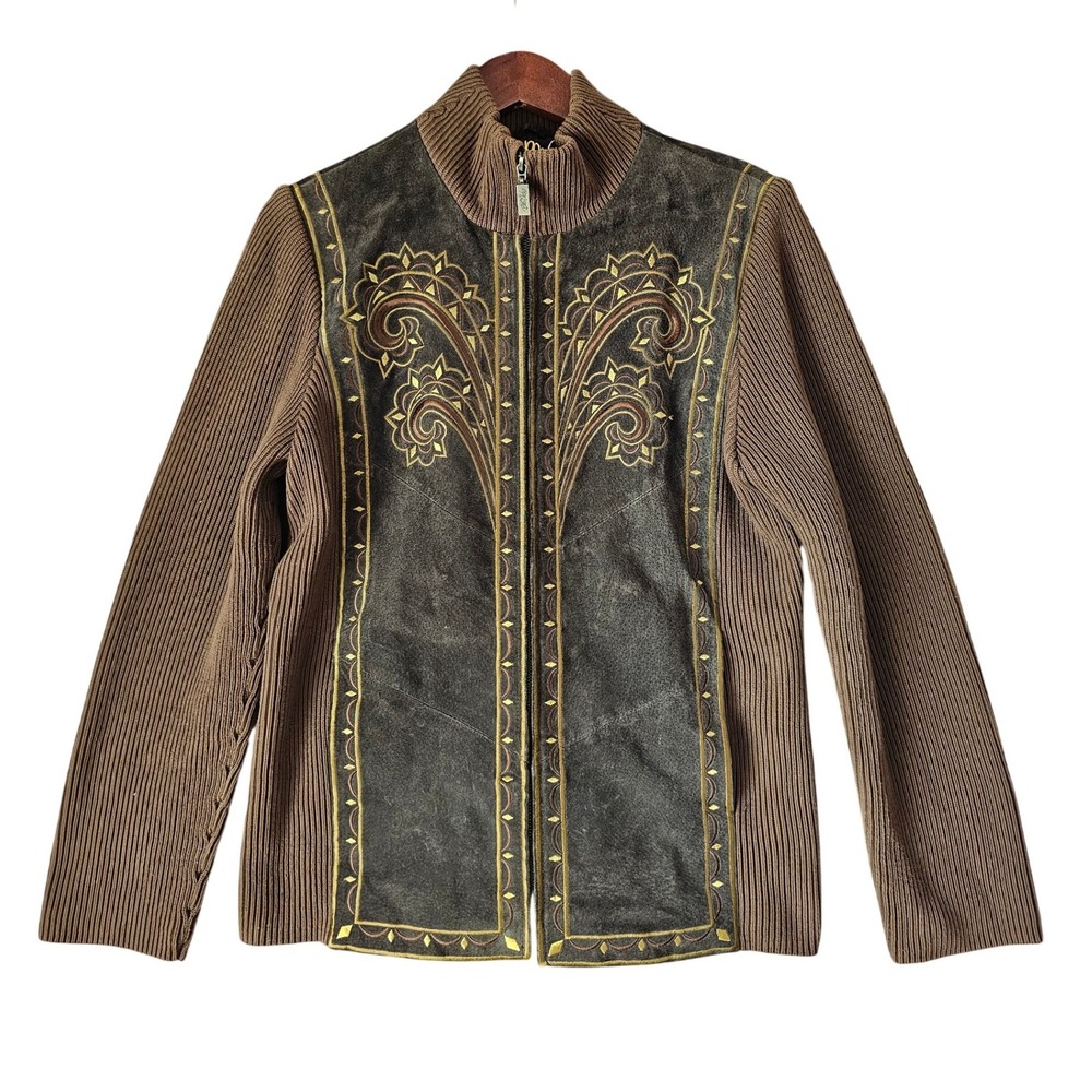Bob Mackie Wearable Art Brown Leather Suede Embroidered Full Zip Jacket Size S